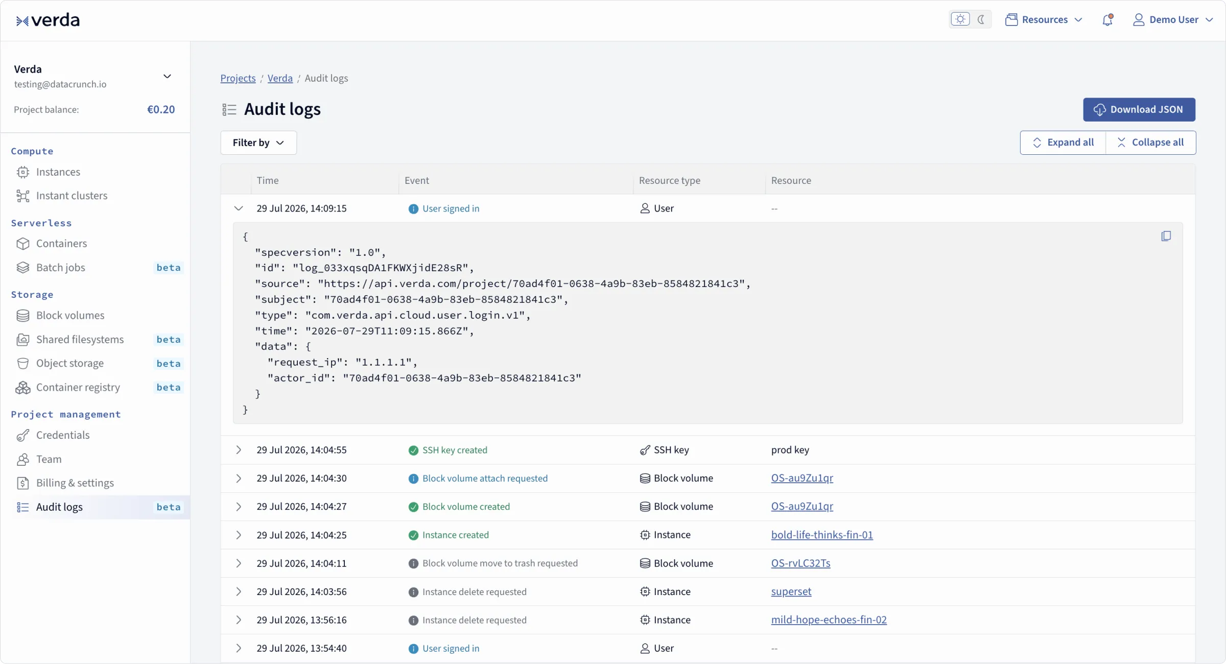 Audit logs in the Verda console