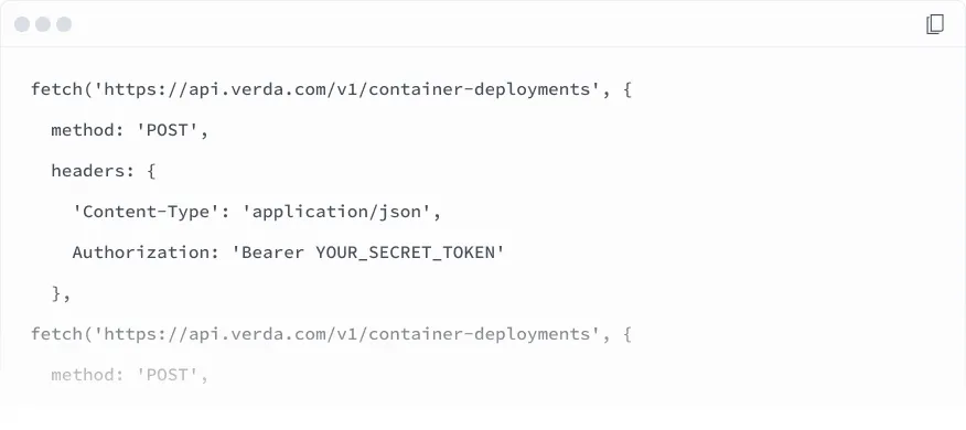 Code window showing a fetch call to the Verda container-deployments API.