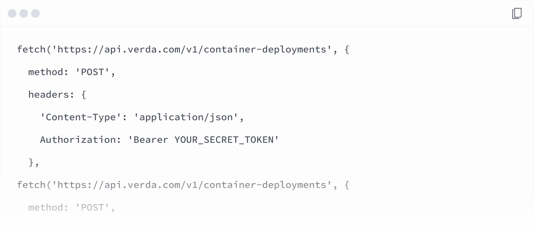 Code window showing a fetch call to the Verda container-deployments API.