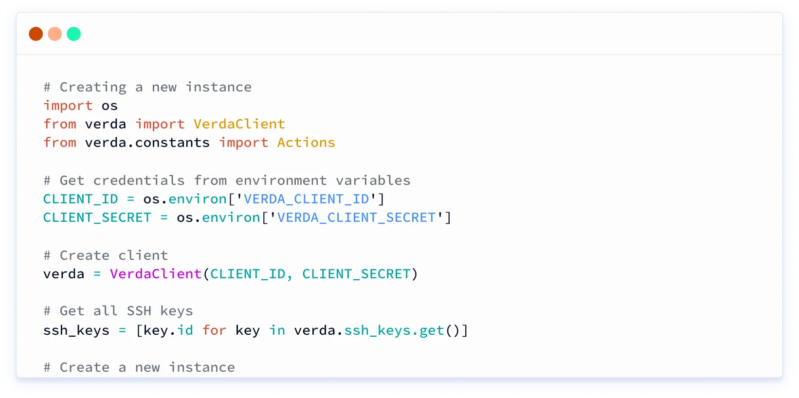 Code window showing a fetch call to the Verda container-deployments API.