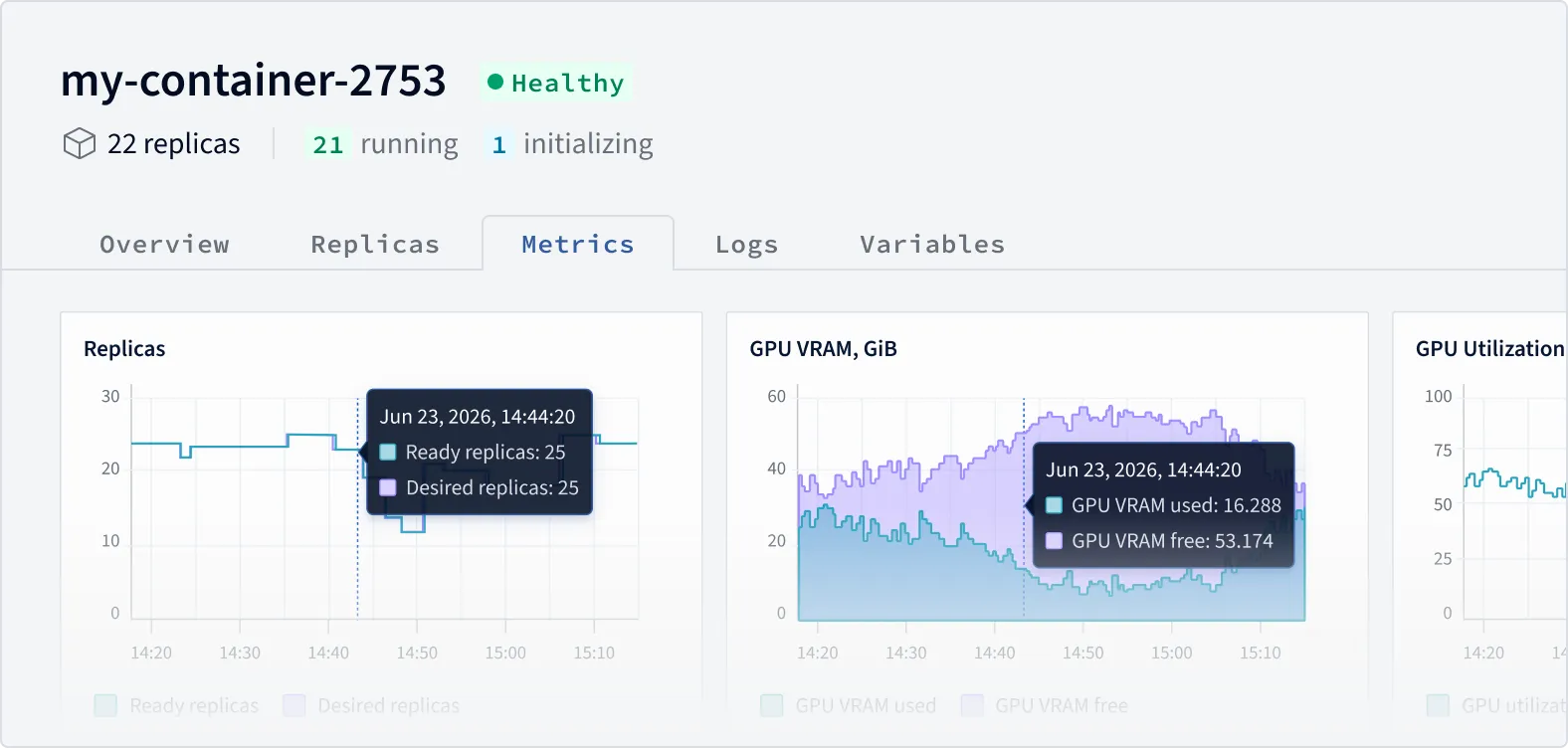 GPU VRAM timeseries chart showing used and free memory with a hover tooltip.