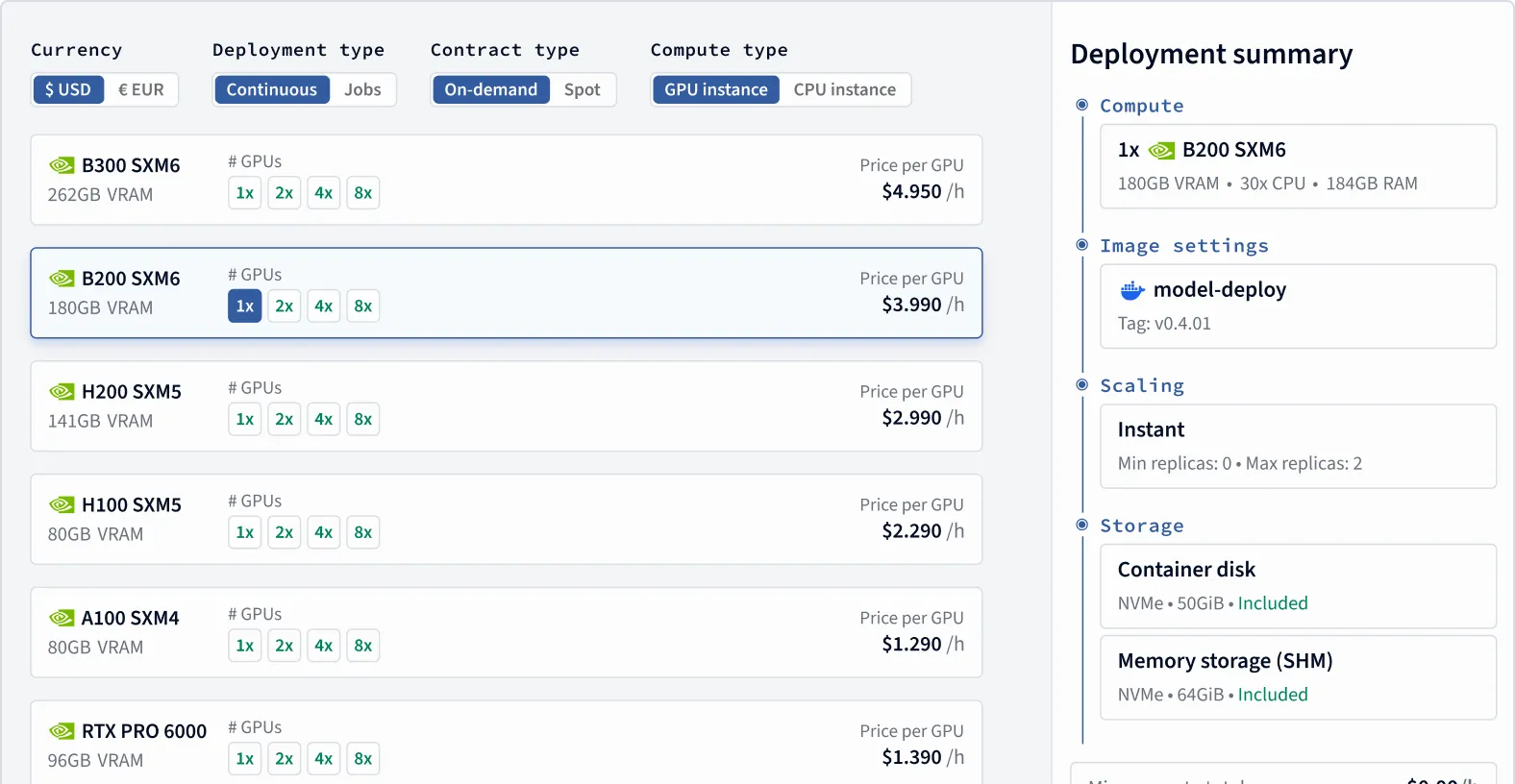 Scaling settings with replica limits and Instant, Balanced, and Cost saver queue-load policies.