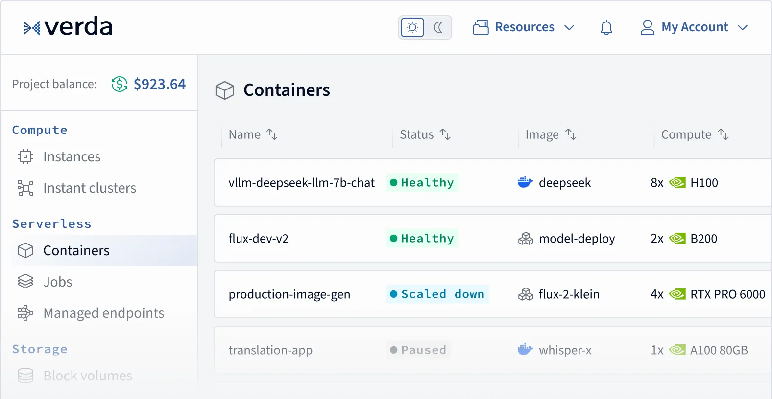 Verda Containers dashboard listing deployments with their status, image, compute, and replica health.