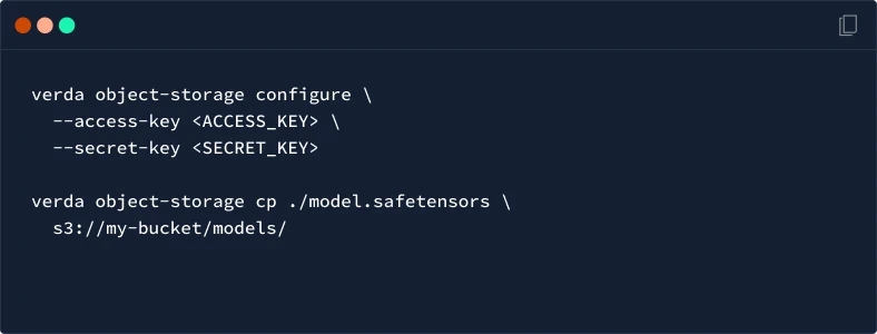 Terminal commands configuring object storage access keys and copying a model into a bucket.