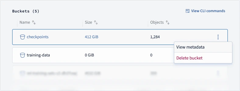 Verda console showing buckets, their sizes and object counts, and the bucket metadata menu.