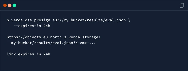 Verda CLI generating a presigned link to a results file that expires in 24 hours.